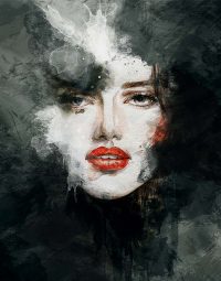 Painting woman red lips staand